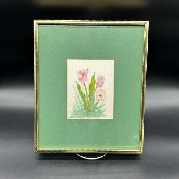 Watercolor Painting Tulips Pink Flower Gold Frame Signed Art Wall Hanging Floral - Picture 1 of 9
